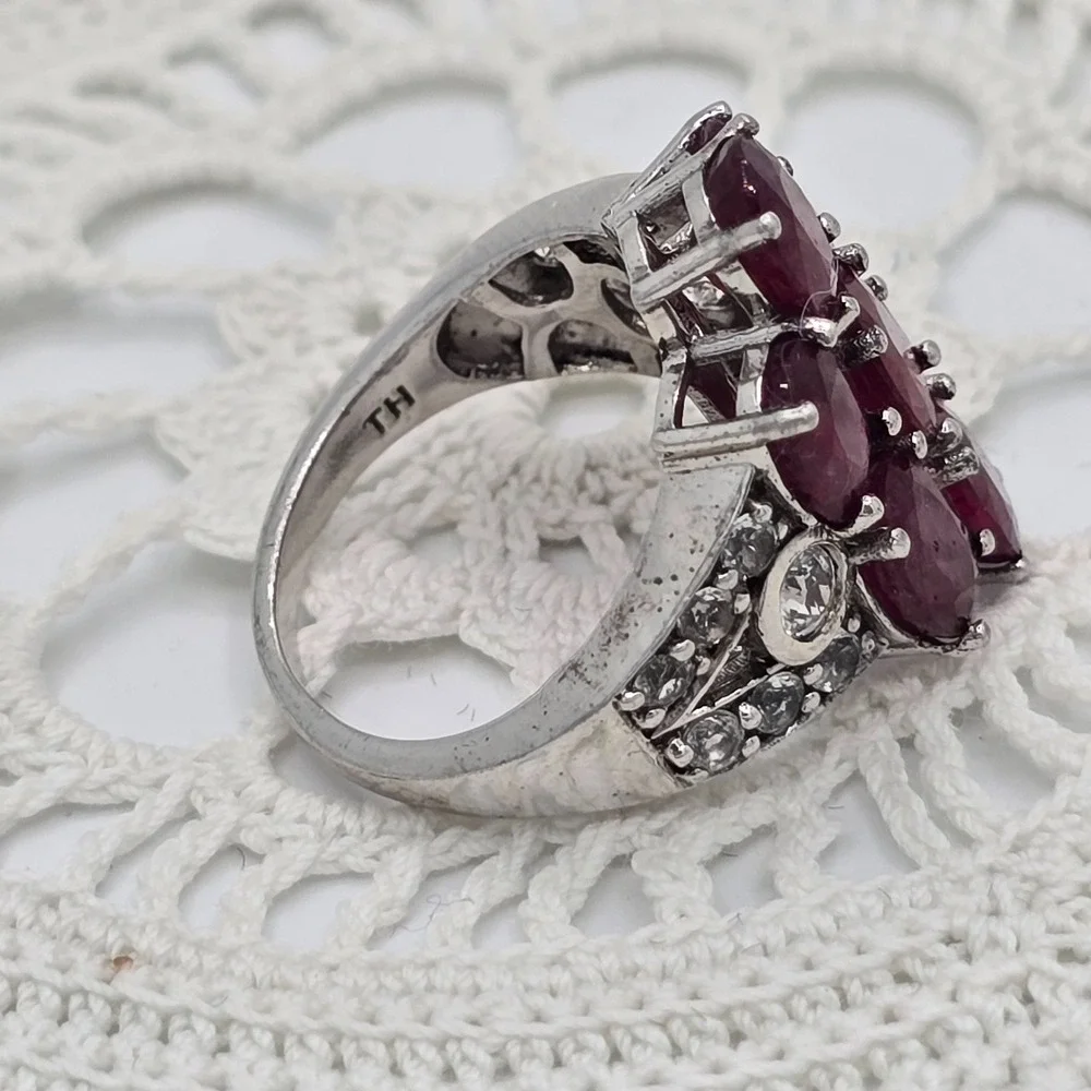 925 Cluster Ring Sterling Silver Red Colored Gemstone Flower Size 5